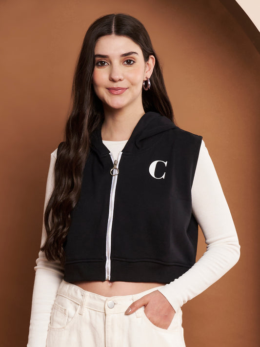 Women Hooded Cotton Crop Bomber Black Jacket