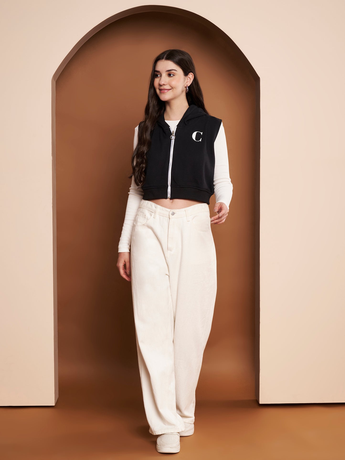 Women Hooded Cotton Crop Bomber Black Jacket