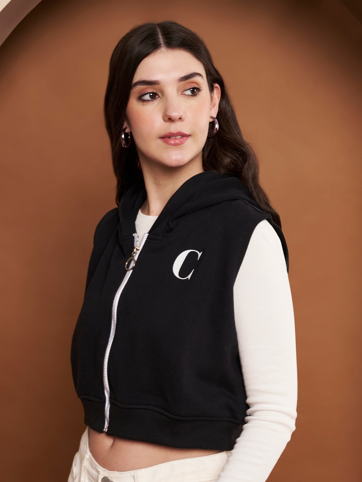 Women Hooded Cotton Crop Bomber Black Jacket