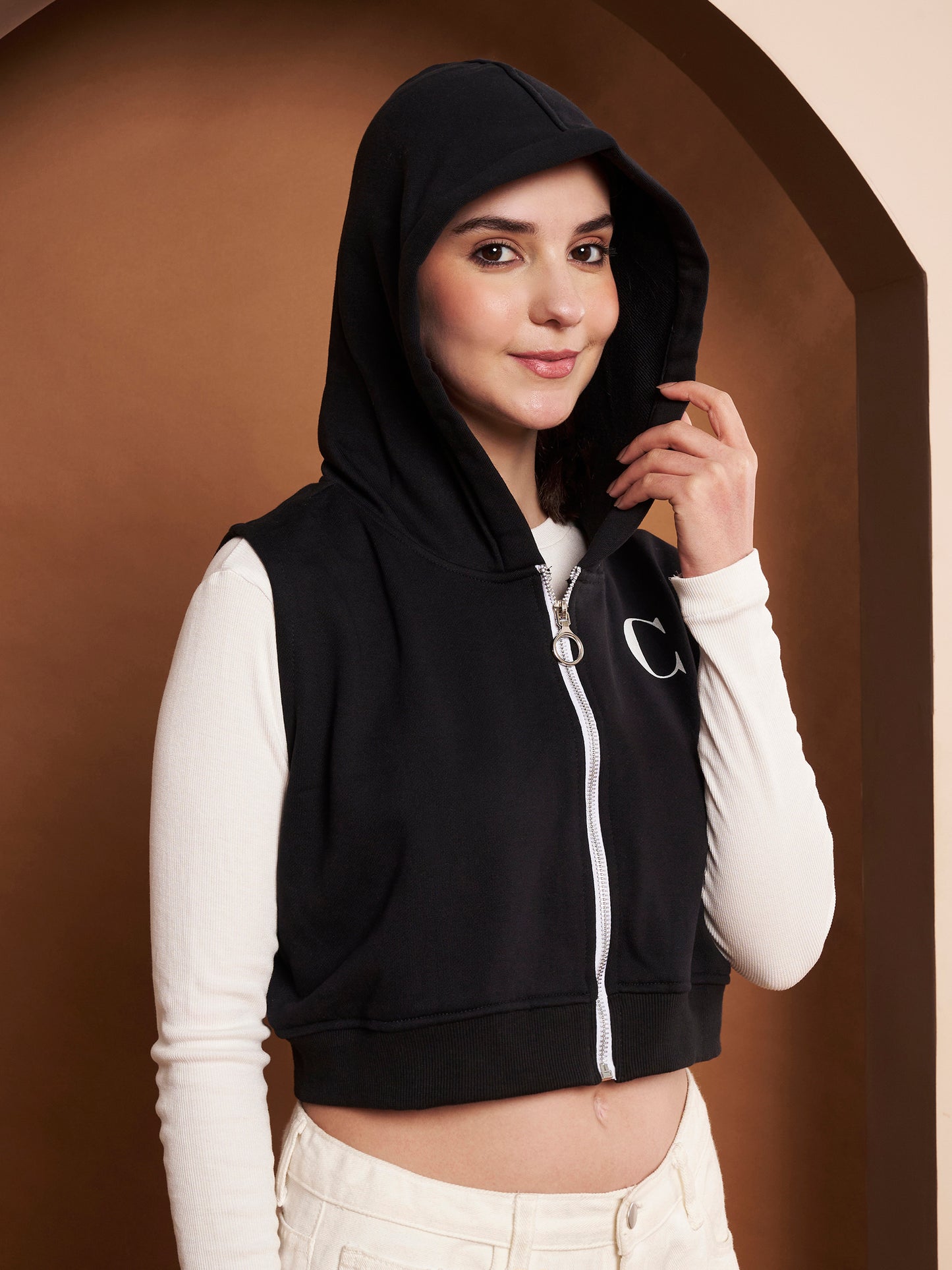 Women Hooded Cotton Crop Bomber Black Jacket