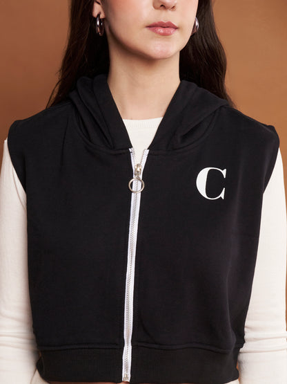 Women Hooded Cotton Crop Bomber Black Jacket