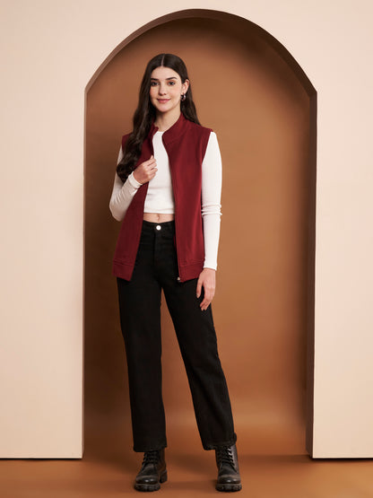 Women Mock Collar Solid Cotton Casual Bomber Jacket