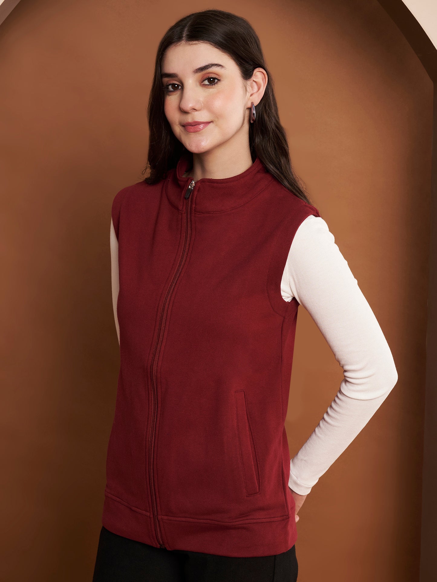 Women Mock Collar Solid Cotton Casual Bomber Jacket