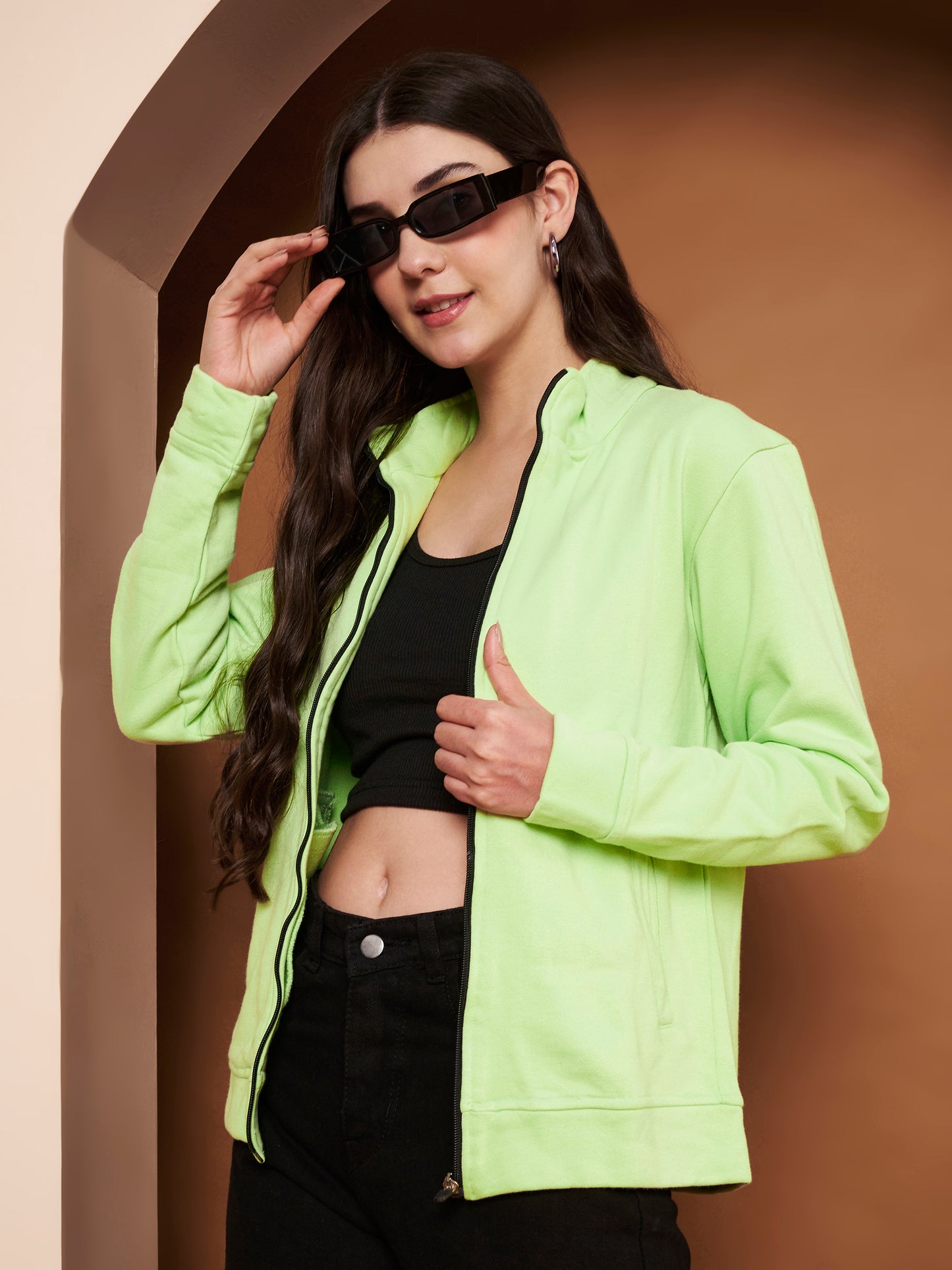 Women Mock Collar Green Bomber Jacket