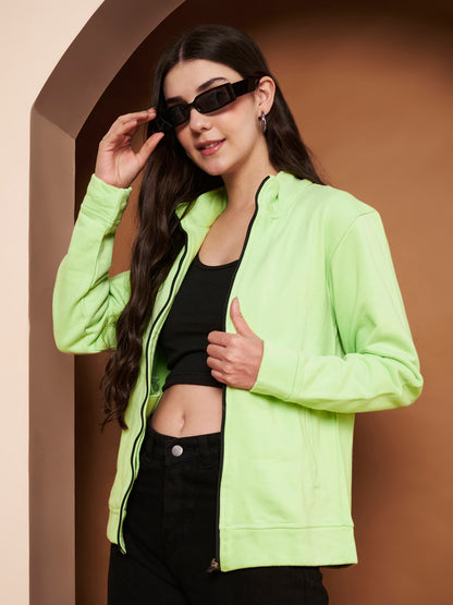 Women Mock Collar Green Bomber Jacket