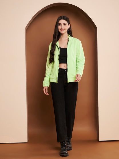 Women Mock Collar Green Bomber Jacket