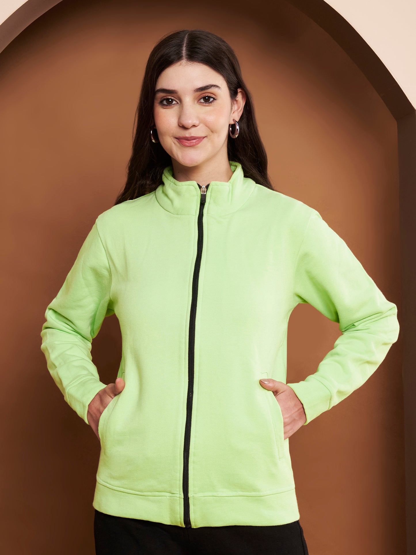 Women Mock Collar Green Bomber Jacket