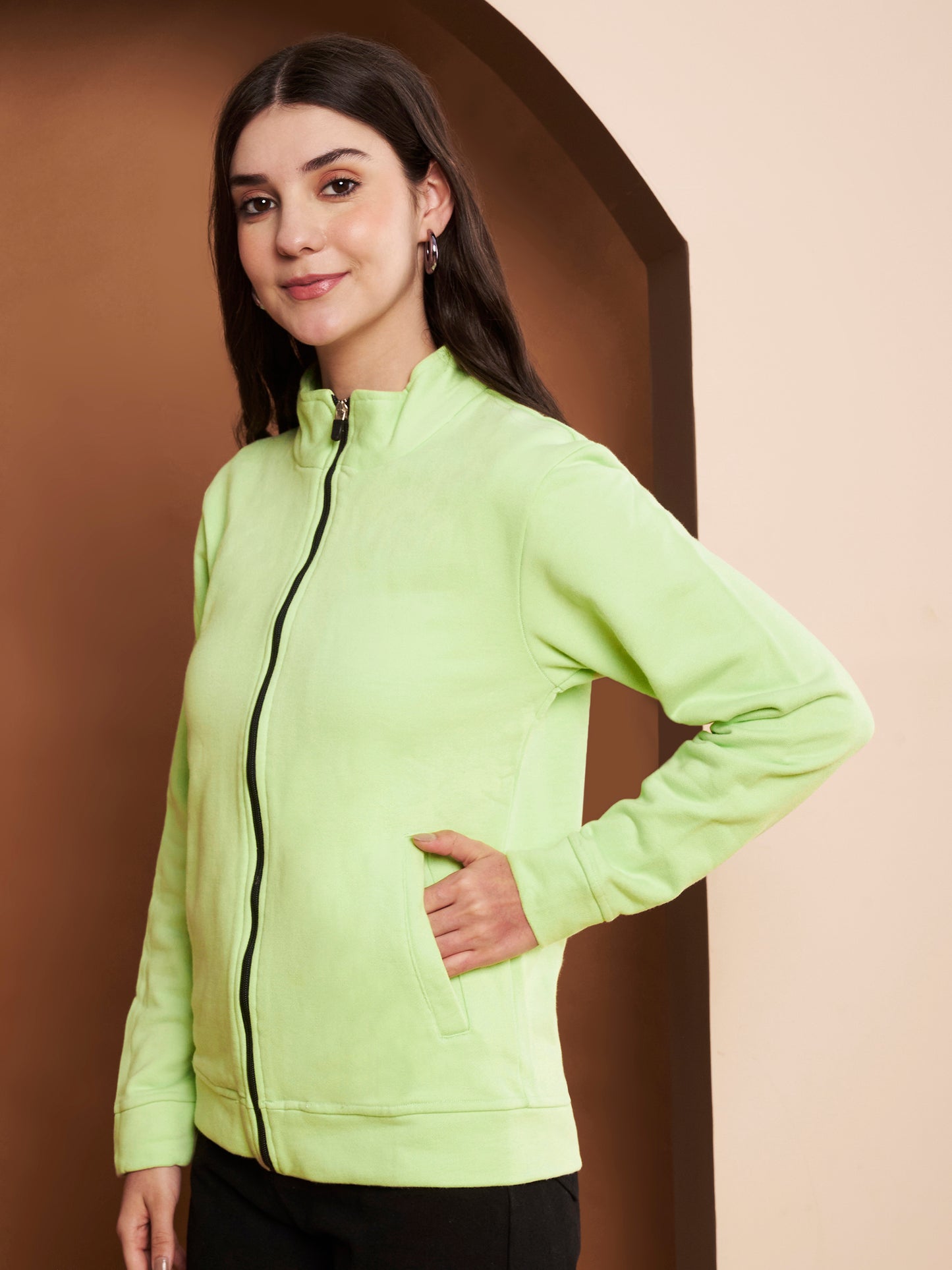 Women Mock Collar Green Bomber Jacket