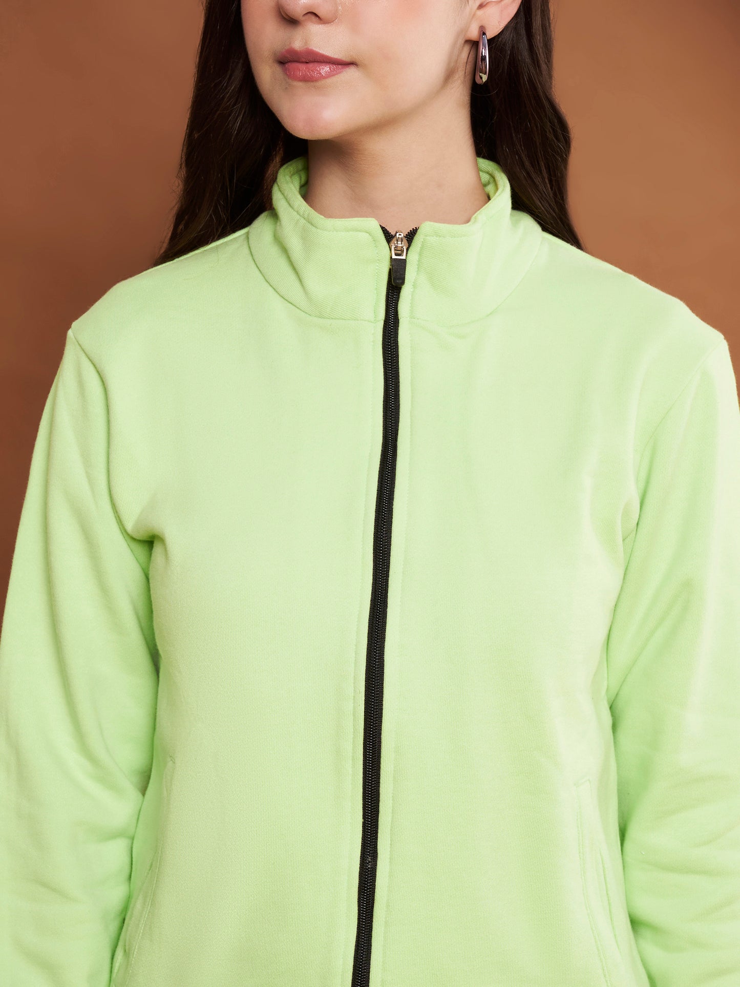 Women Mock Collar Green Bomber Jacket