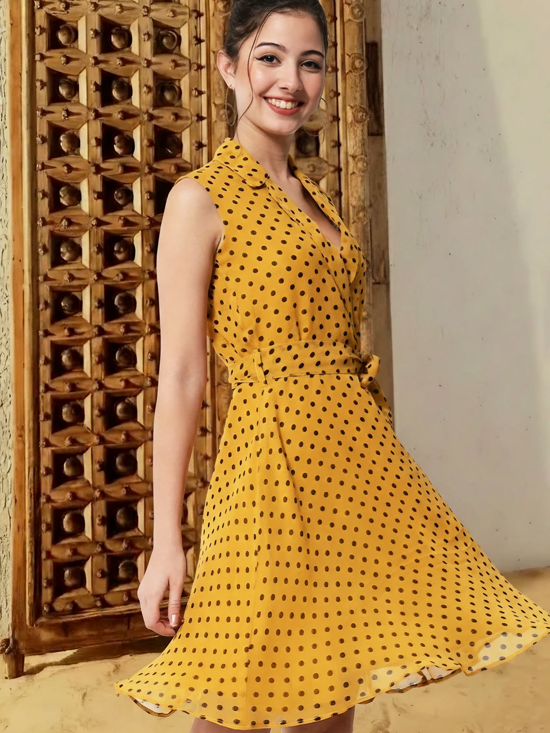 Tie-Up A-Line Polka Dot Yellow Dress
