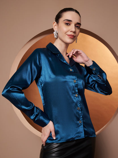 Spread Collar Satin Casual Shirt