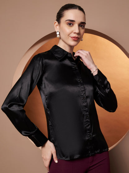 Spread Collar Long Sleeves Satin Classic Shirt