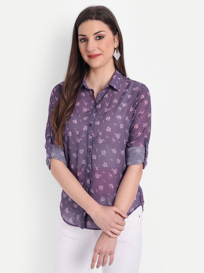 Women Purple Relaxed Semi Sheer Floral Printed Casual Shirt