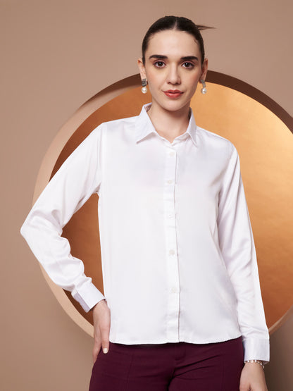 Women White Solid Slim Fit Satin Shirt