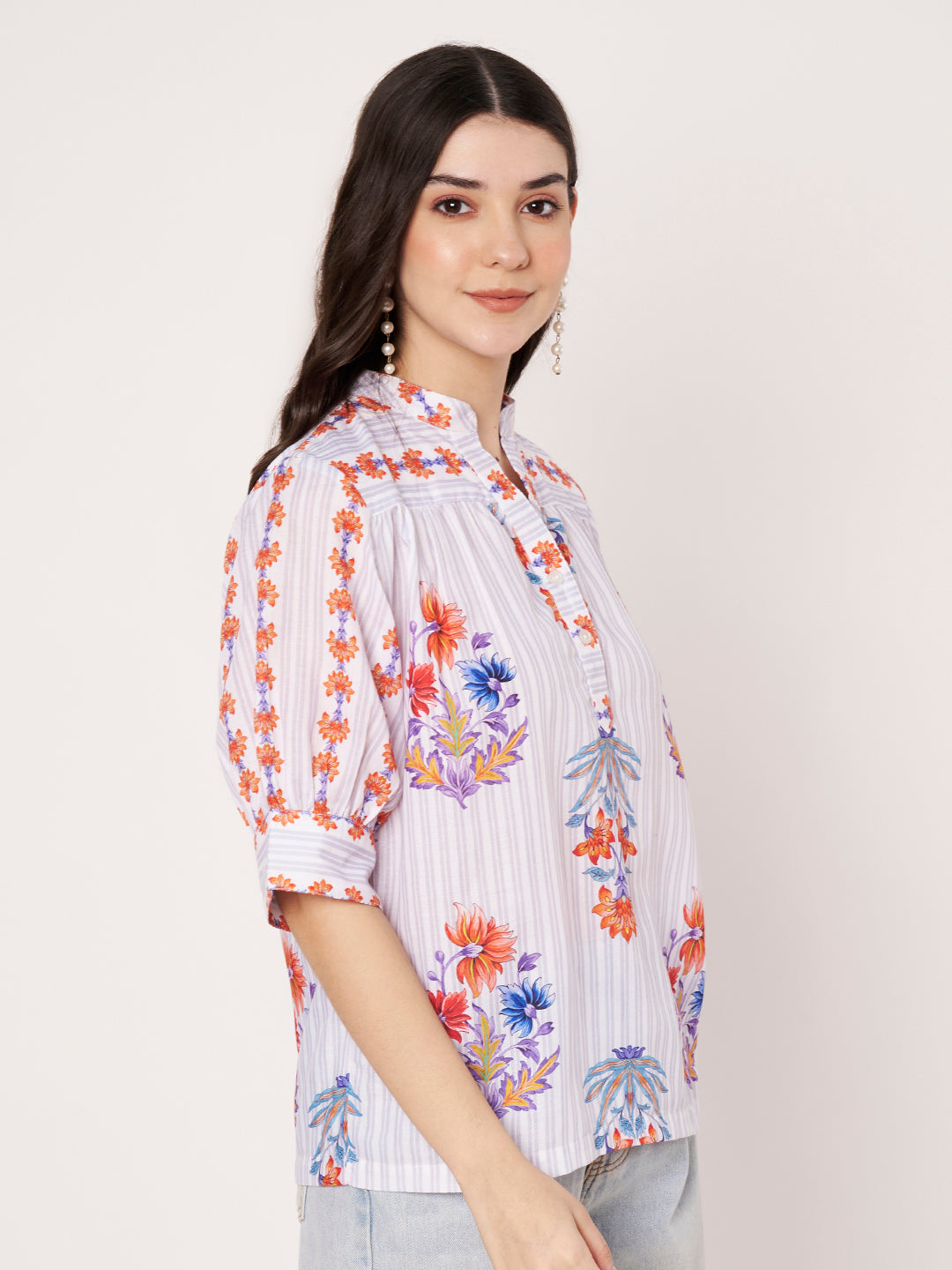 Women White Floral Printed Cotton Blend Top