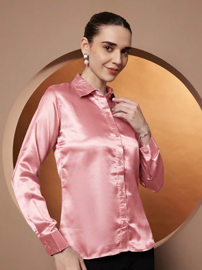 Spread Collar Long Sleeves Satin Classic Shirt