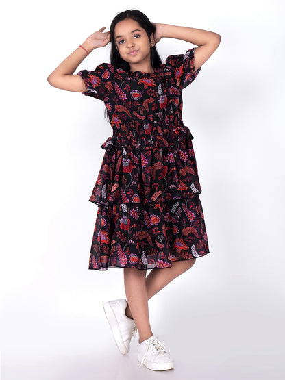 Floral Print Puff Sleeve Fit & Flare Dress