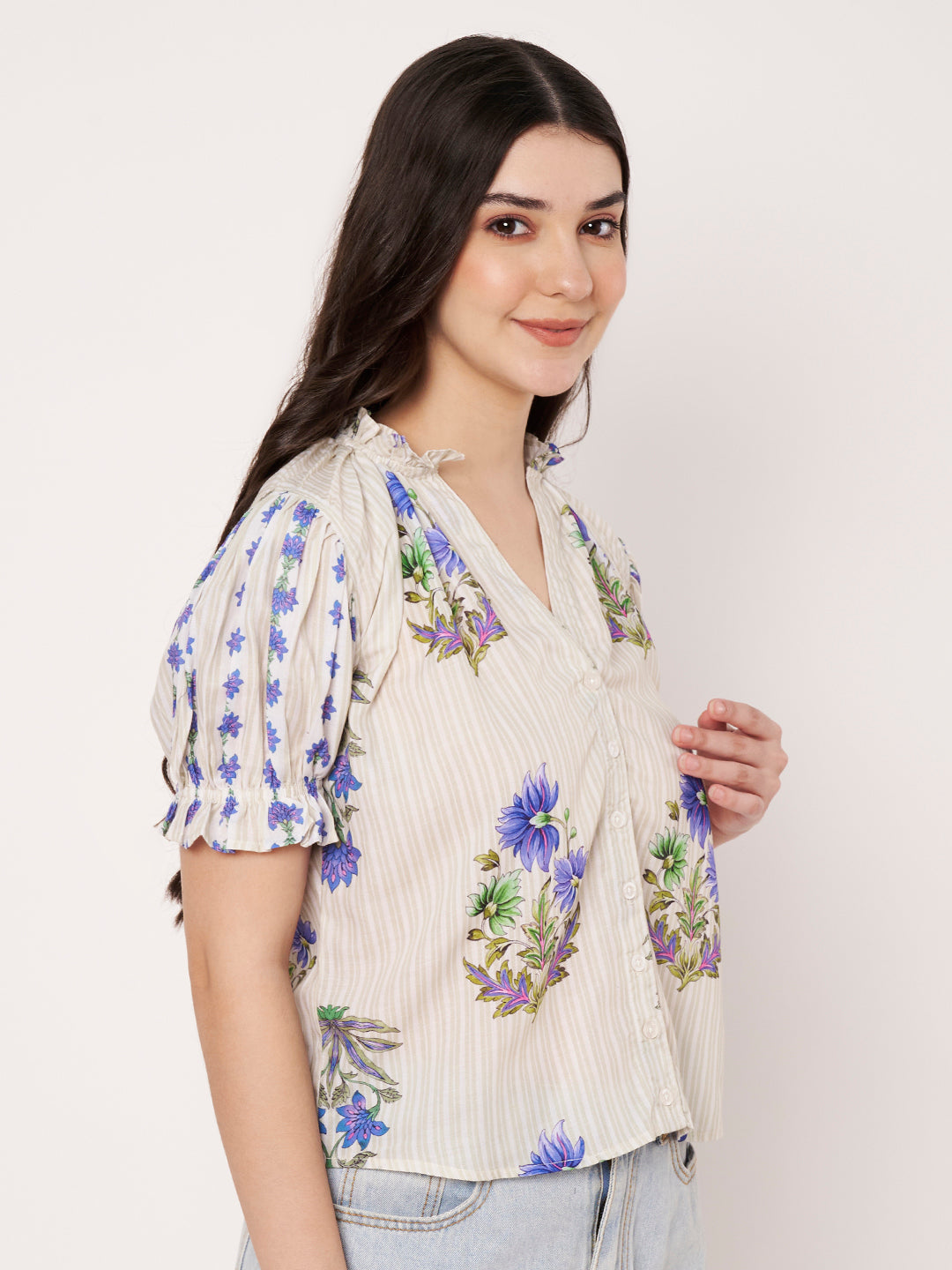 Women Off White Floral Printed Cotton Blend Top