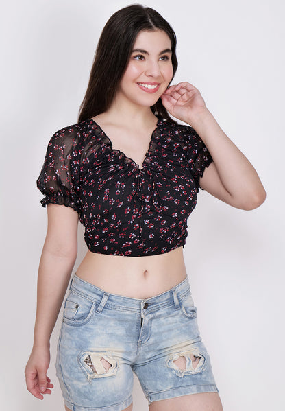 Women's Floral Printed Blouson Black Crop Top