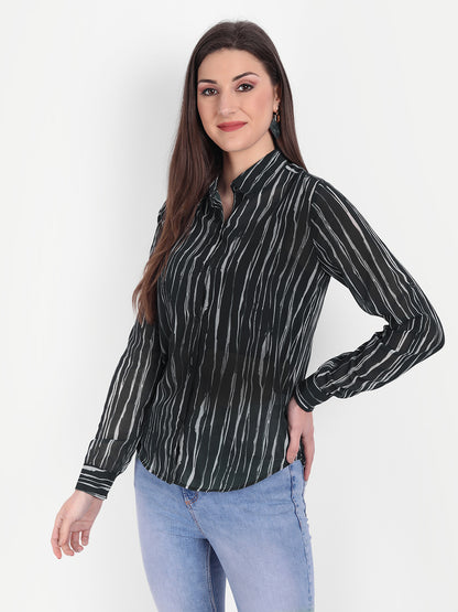 Women Navy Blue Relaxed Striped Casual Shirt