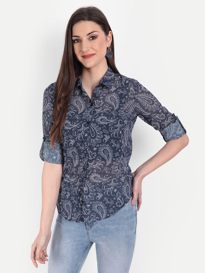 Women Blue & White Relaxed Semi Sheer Paisley Printed Casual Shirt