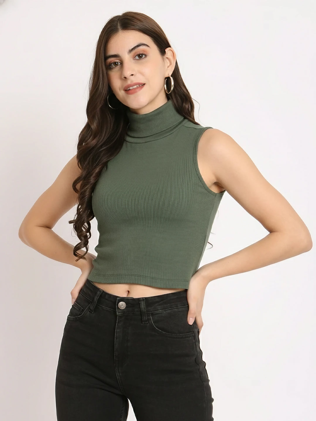 High Neck Sleeveless Crop Fitted Top front view