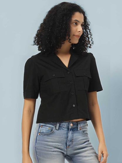 Women Classic Slim Fit Cotton Black Crop Shirt