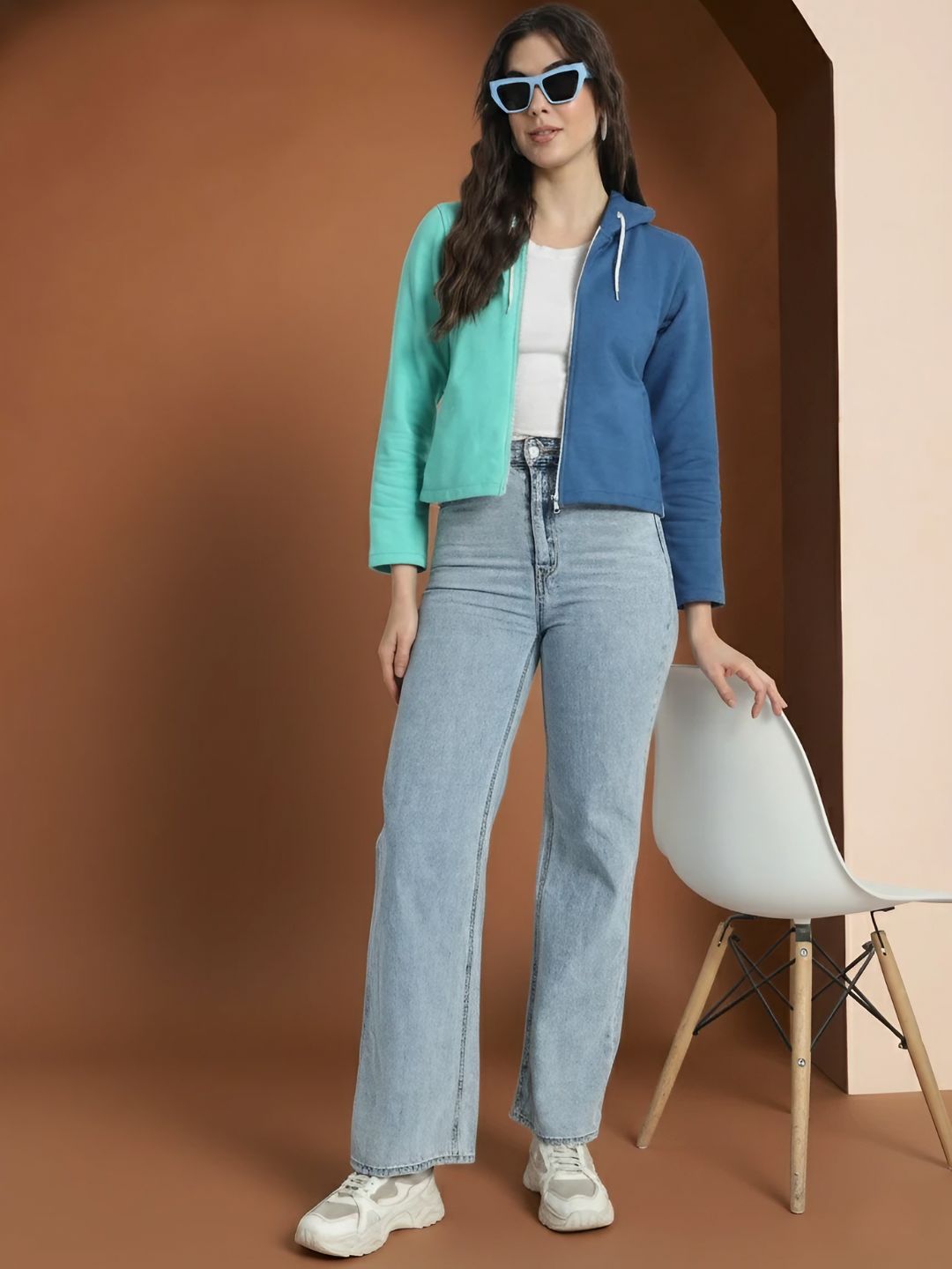 Colourblocked Hooded Cotton Front Open Sweatshirt