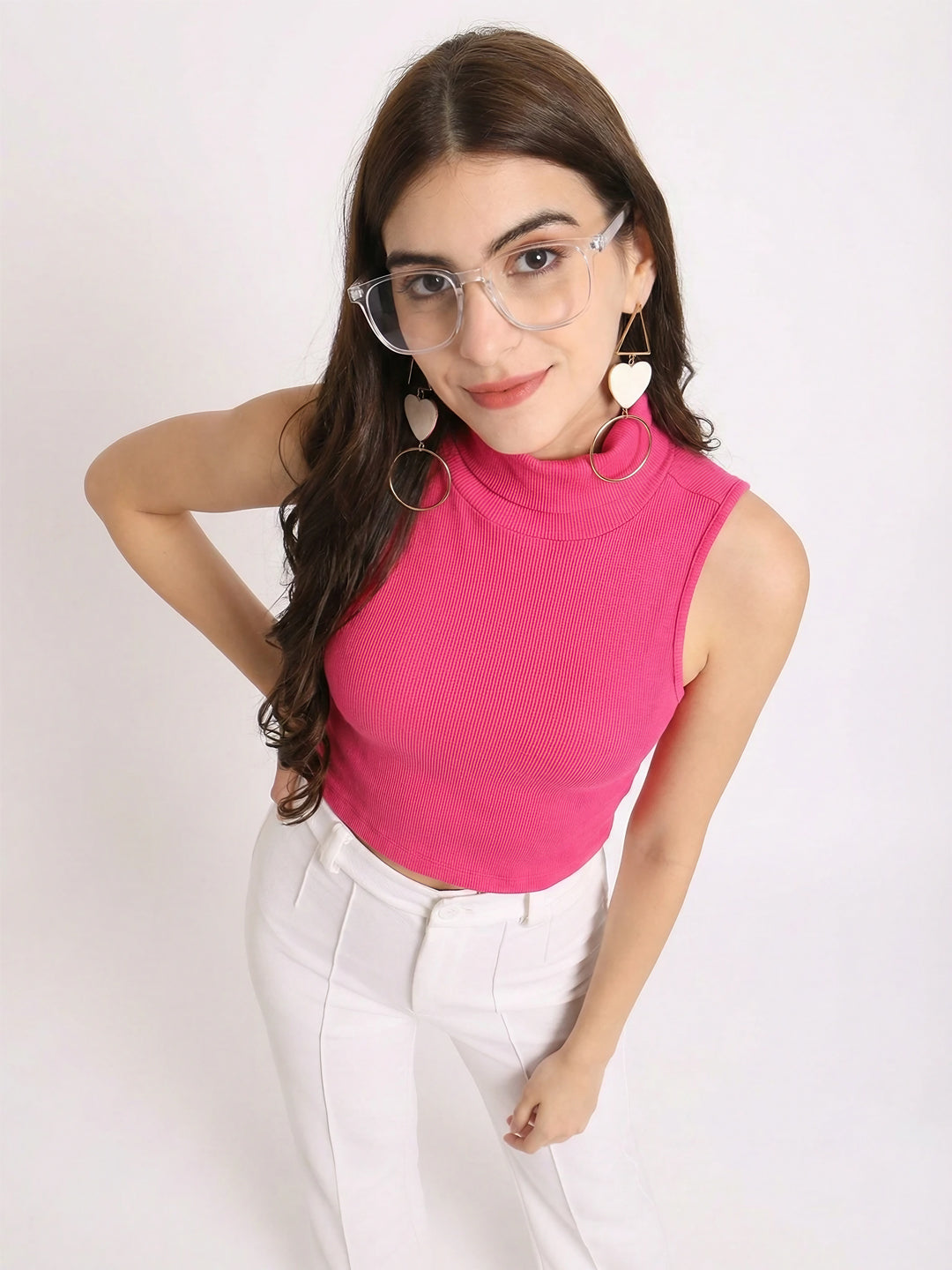 Turtle Neck Ribbed Modal Crop Top front view