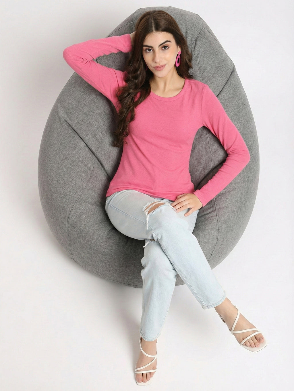Full sleeve pink ribbed fitted top for women
