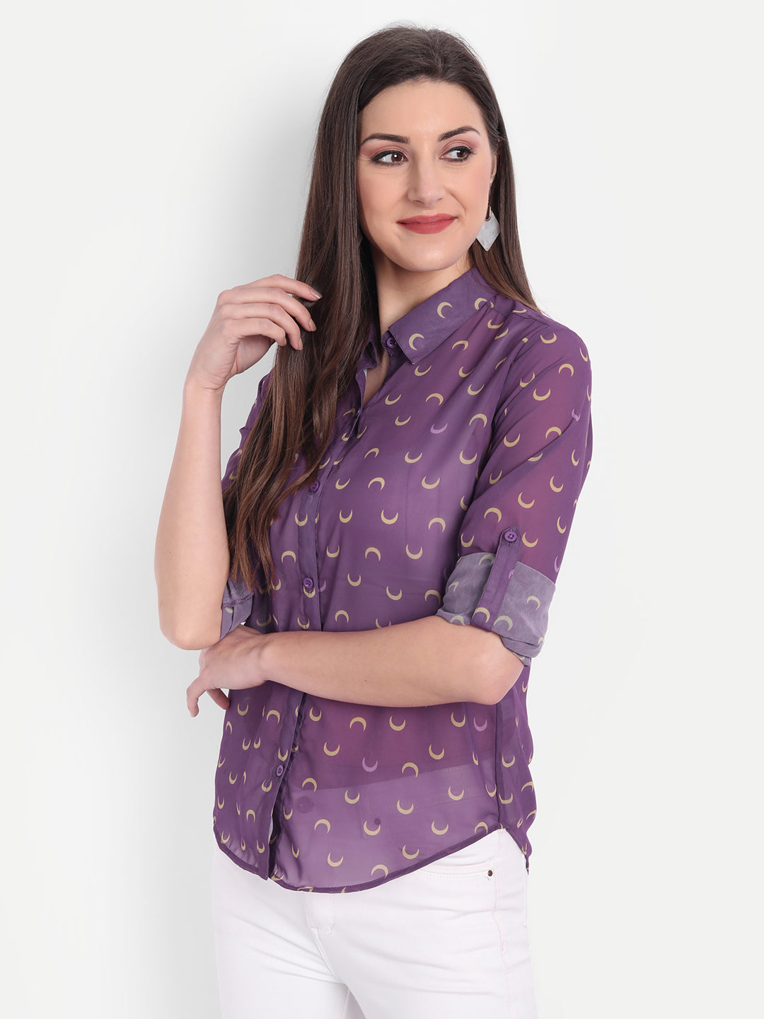 Women Purple Relaxed Semi Sheer Printed Casual Shirt