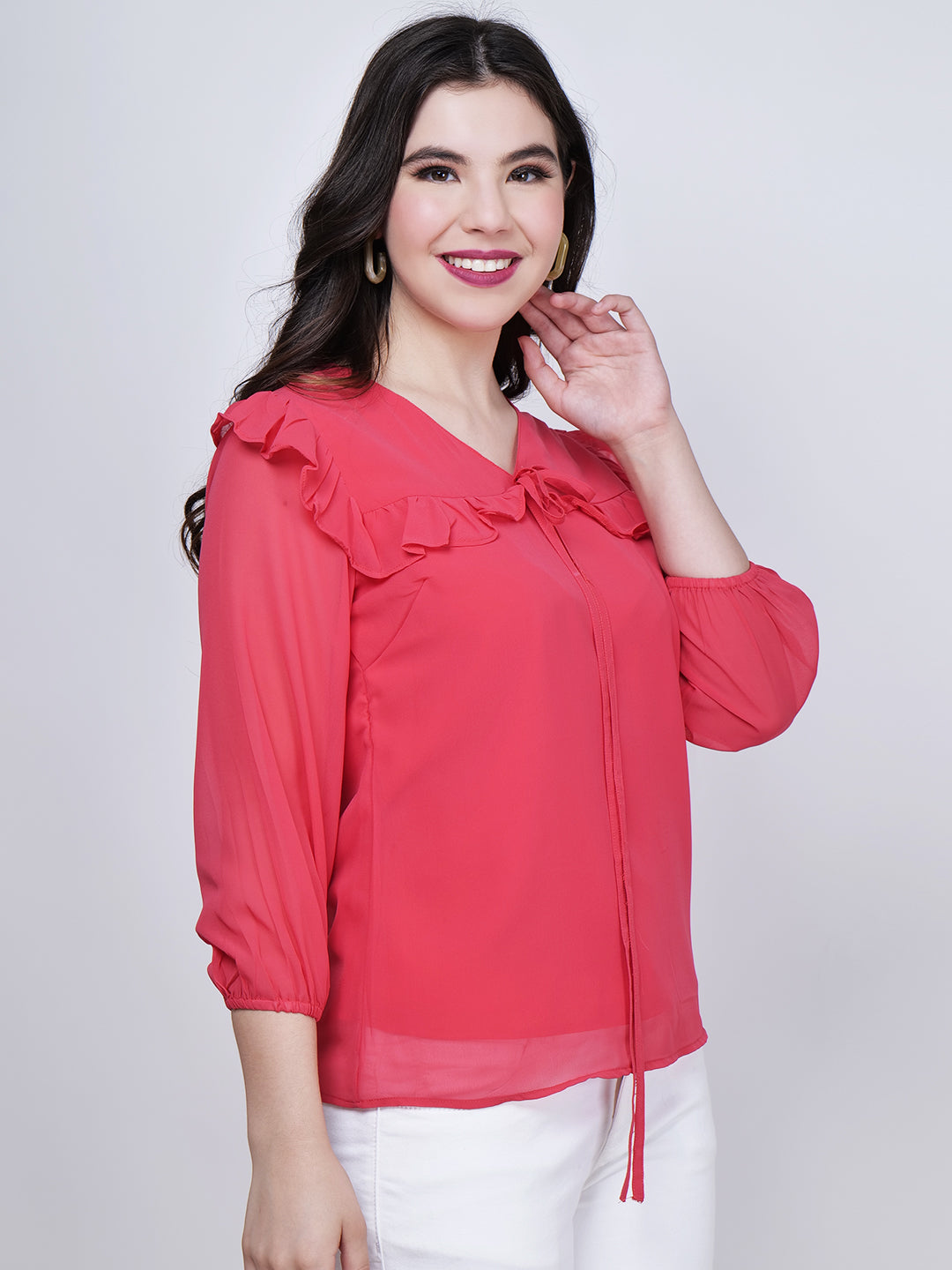 Women's Tie-Up Neck Georgette Red Top