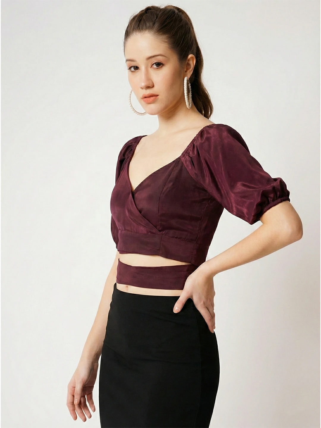 Puff Sleeves Crepe Cut Out Wrap Crop Top side view