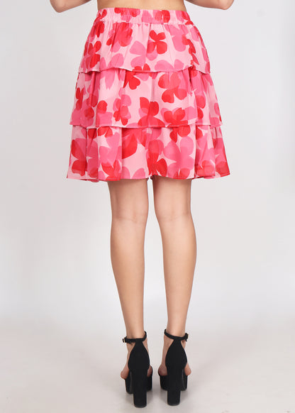 Women Floral Printed Flared Pink Skirt