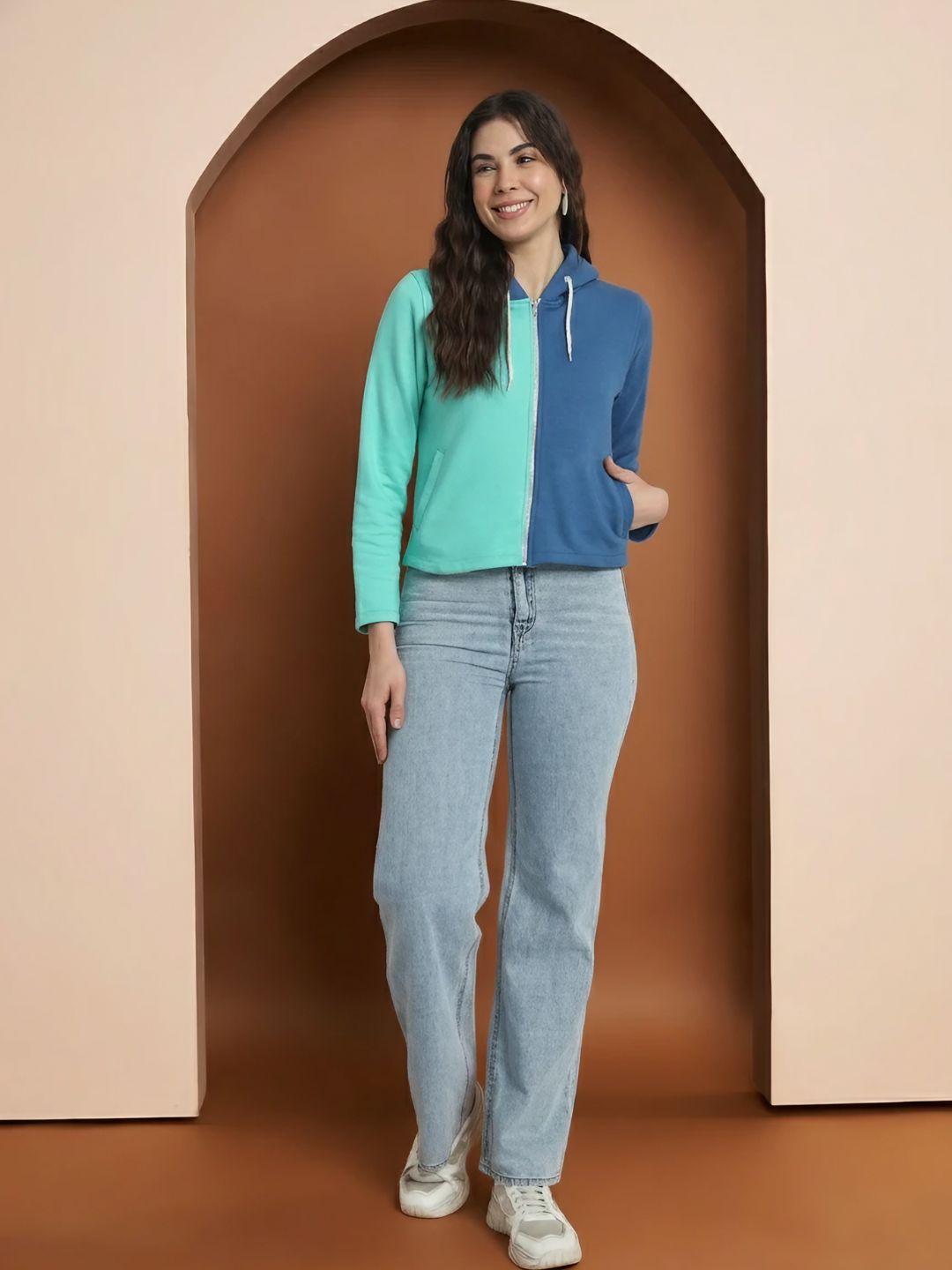 Colourblocked Hooded Cotton Front Open Sweatshirt