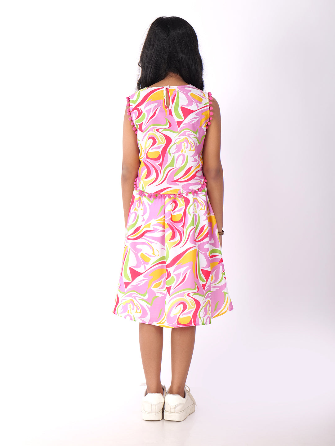 Girls Abstract Printed Round Neck Top With Skirt