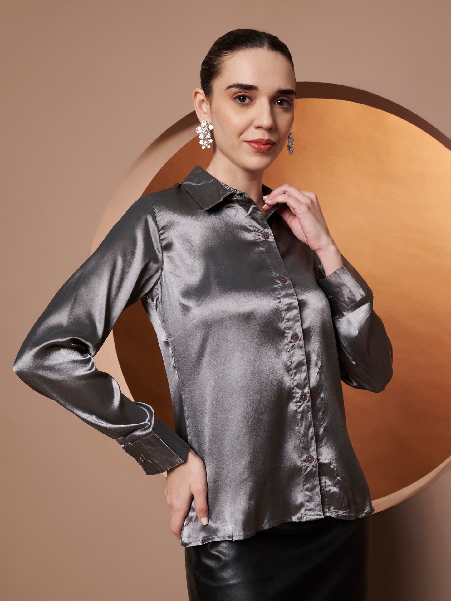 Women Grey Classic Slim Fit Casual Shirt