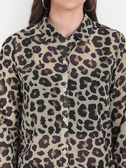 Women Brown & Black Animal Printed Semi Sheer Casual Shirt