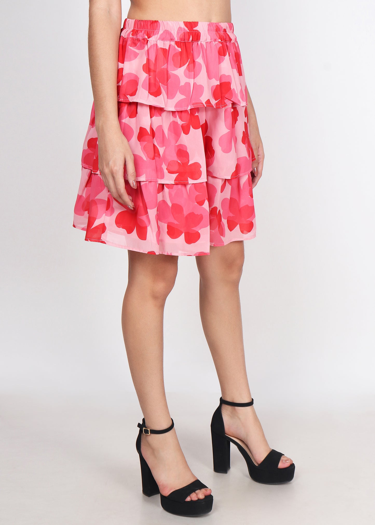 Women Floral Printed Flared Pink Skirt