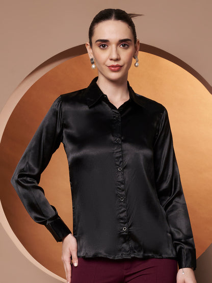 Spread Collar Long Sleeves Satin Classic Shirt