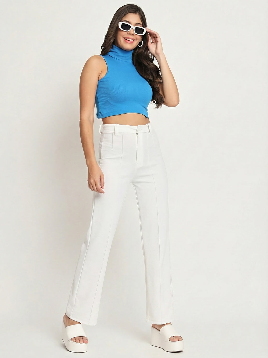 Blue high neck crop top for everyday wear