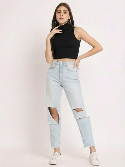 Minimal black sleeveless crop top close-up