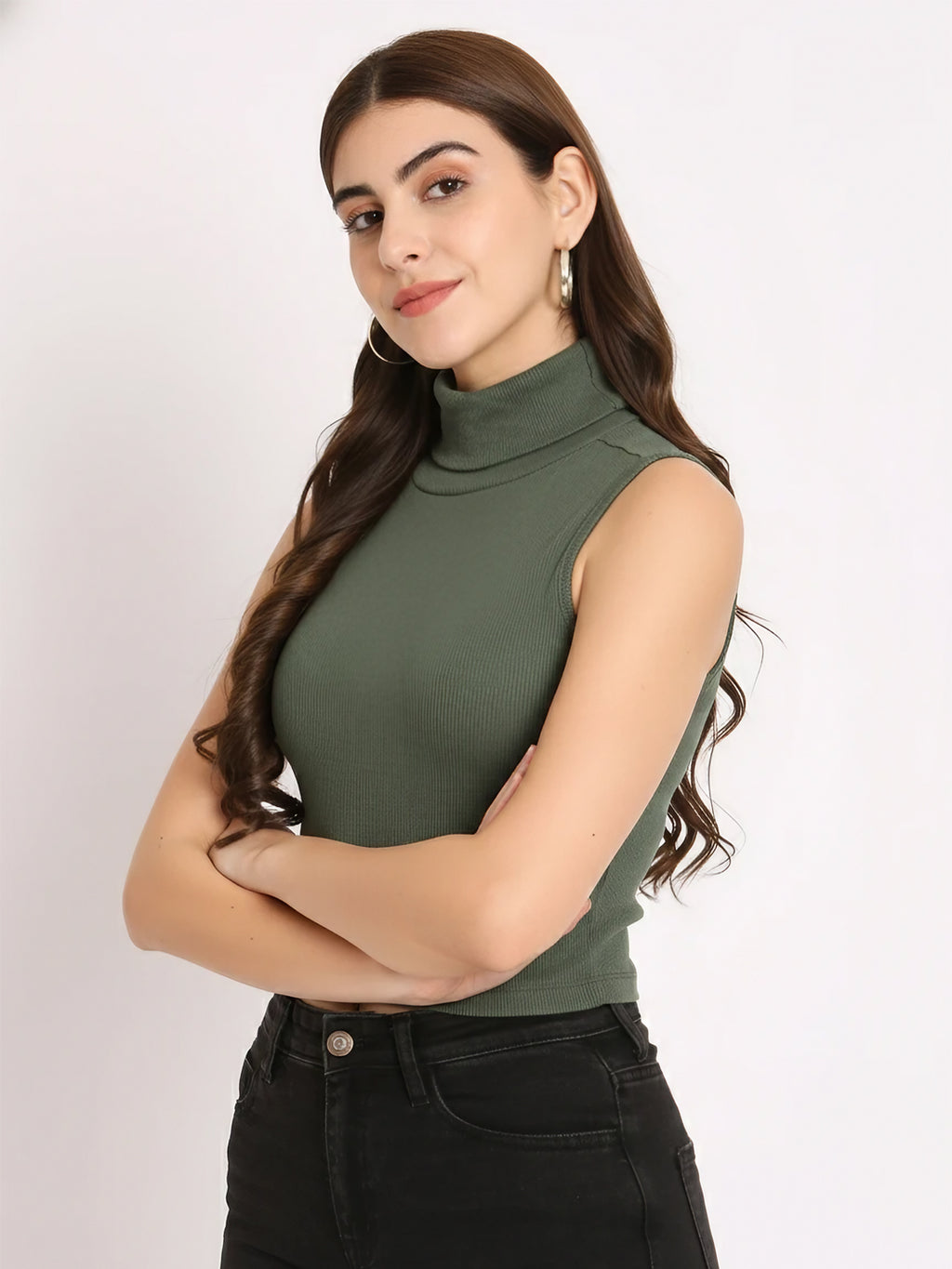 High Neck Sleeveless Crop Fitted Top side view