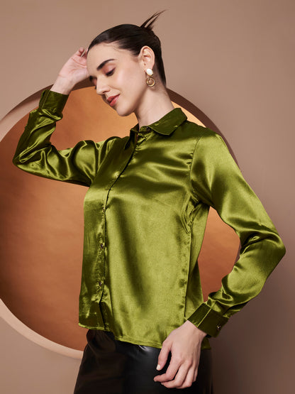 Women Olive Green Classic Slim Fit Casual Shirt