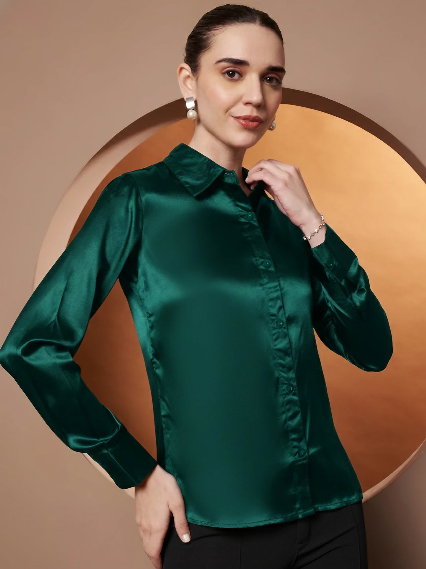 Women Green Satin Relaxed Formal Shirt