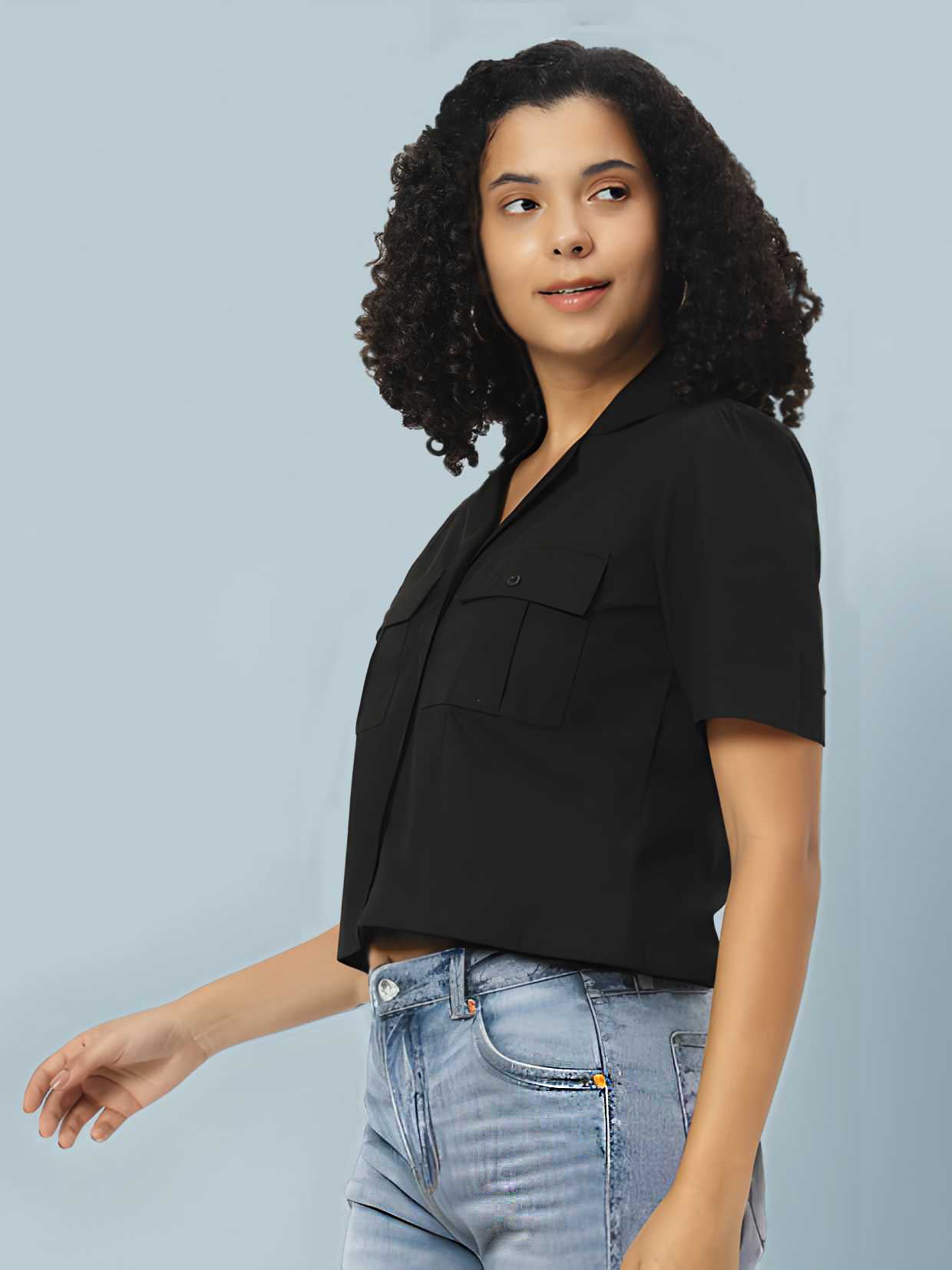 Women Classic Slim Fit Cotton Black Crop Shirt