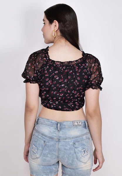 Women's Floral Printed Blouson Black Crop Top