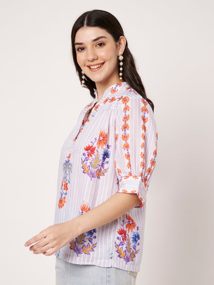 Women White Floral Printed Cotton Blend Top