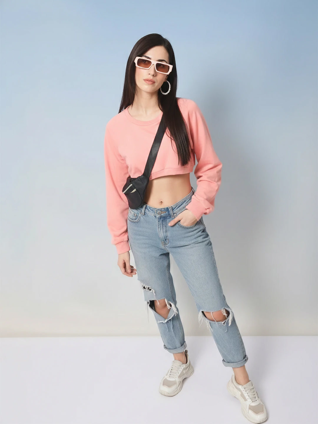 Women Pink Crop Sweatshirt full view