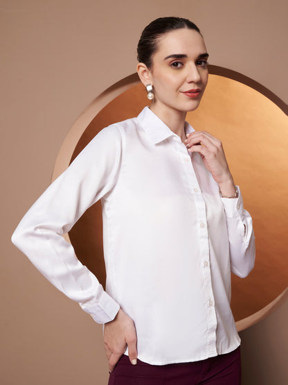 Women White Solid Slim Fit Satin Shirt